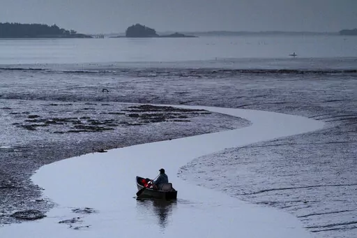 Clam digger Scott Lavers paddles his canoe on his way to work on a mudflat exposed by the receding tide, in this Friday, Sept. 4, 2020, file photo in Freeport, Maine. Warming waters and invasive species are threatening a way of life for many in the country's seafood industry. (AP Photo/Robert F. Bukaty)