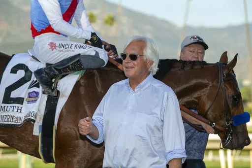 In this image provided by Benoit Photo, trainer Bob Baffert smiles after Muth (2), with Juan Hernandez aboard, won the Grade I $300,000 American Pharoah Stakes horse race Saturday, Oct. 7, 2023 at Santa Anita Park in Arcadia, Calif. A Kentucky appeals court judge on Wednesday, April 24, 2024, has denied Zedan Racing Stables’ requests for an emergency hearing and ruling that sought to allow Bob Baffert-trained Arkansas Derby winner Muth to run in next week’s Kentucky Derby at Churchill Downs.