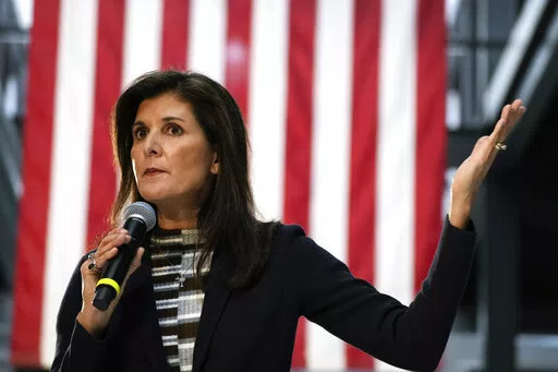 Republican presidential candidate Nikki Haley speaks to voters at a town hall campaign event, Monday, Feb. 20, 2023, in Urbandale, Iowa. On Friday, Feb 24, The Associated Press reported on stories circulating online incorrectly claiming Haley “changed” her name for political reasons. (AP Photo/Charlie Neibergall, File)