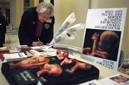 Lyn Toelle fills out forms before bringing roses to her legislators during the Rose Day observance, an anti-abortion event, at the state capitol in Oklahoma City on Feb. 4, 2004. Two abortion providers in Oklahoma said Tuesday they're continuing to be inundated with women from Texas seeking to terminate their pregnancies after Texas last year passed the most restrictive anti-abortion law in the U.S. in decades. (AP Photo/Jeffrey Haderthauer, File)