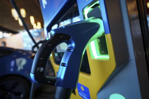 A DC fast charging station manufactured by Sumitomo Electric works at Fully Charged Live, an electric vehicle, renewable and clean energy and urban mobility exhibition, in Vancouver, British Columbia, Sept. 8, 2023. The window to limit human-caused warming to a globally agreed goal is narrowing but still open because of the huge growth of solar energy and electric vehicles sales worldwide, a report said Tuesday, Sept. 26. (Darryl Dyck /The Canadian Press via AP, File)