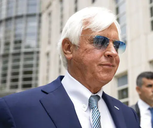 Horse trainer Bob Baffert leaves federal court July 12, 2021, in the Brooklyn borough of New York. Churchill Downs never gave advance notice nor reached out to explain its two-year suspension, Hall of Fame trainer Baffert said Friday, Feb. 3, 2023, in a Louisville, Ky., federal court, and reiterated that the penalty has caused irreparable harm to his business and reputation. (AP Photo/John Minchillo, File)