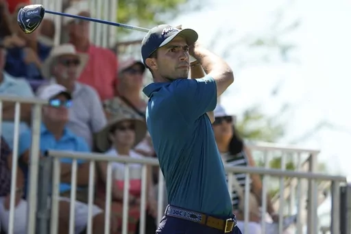 Alvaro Ortiz, of Mexico, watches his tee shot on the first hole during the second round of the Mexico Open golf tournament in Puerto Vallarta, Mexico, Friday, Feb. 23, 2024. (AP Photo/Fernando Llano)