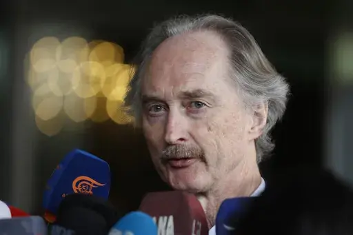 The United Nations special envoy for Syria, Geir Pedersen, speaks to journalists in Damascus, Syria, Feb. 13, 2023. Pedersen said Monday, Oct. 30, that the Israel-Hamas war is spilling into Syria, fueled by growing instability, violence and a lack of progress toward a political solution to its 12-year conflict. Pedersen told the Security Council that, on top of violence from the Syrian conflict, the Syrian people now face “a terrifying prospect of a potential wider escalation” following Hama