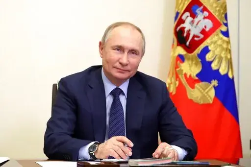 Russian President Vladimir Putin attends a meeting with young award-winning culture professionals via videoconference in Moscow, Russia, Friday, March 25, 2022. Russia is demanding payment in rubles for its natural gas exports to Europe. And that is rattling markets already in turmoil because of the war in Ukraine. Already high gas prices have gyrated after the announcement by President Vladimir Putin last week. (Mikhail Klimentyev, Sputnik, Kremlin Pool Photo via AP, file)