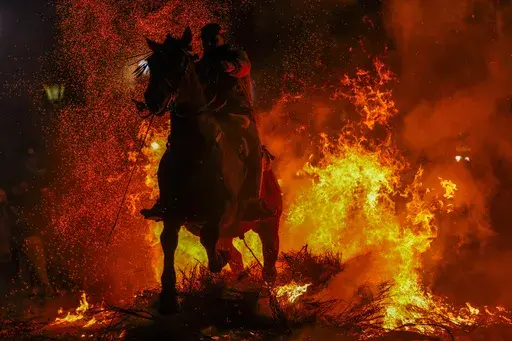 A man rides a horse through a bonfire as part of a ritual in honor of Saint Anthony the Abbot, the patron saint of domestic animals, in San Bartolome de Pinares, Spain, Thursday, Jan. 16, 2025. (AP Photo/Manu Fernandez)