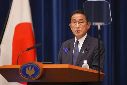 Japan's Prime Minister Fumio Kishida delivers a speech at his official residence in Tokyo Thursday, July 14, 2022. (Zhang Xiaoyu/Pool Photo via AP)