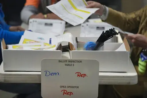 Election workers process ballots at the Clark County Election Department, on Nov. 10, 2022, in Las Vegas. A nonprofit that became a point of controversy for distributing hundreds of millions of dollars in election grants during the 2020 presidential campaign is releasing a fresh round of money to local election offices, including in states where Republican lawmakers tried to ban the practice. (AP Photo/Gregory Bull, File)