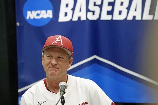 Arkansas head coach Dave Van Horn talks at a new conference following his teams win over North Carolina at an NCAA college super regional baseball game in Chapel Hill, N.C., Sunday, June 12, 2022. Arkansas has had as bad a run of injuries as Dave Van Horn has seen in his 21 years as coach. Despite that, the Razorbacks swept a series at Mississippi State this past weekend and are tied with Vanderbilt for first place in the Southeastern Conference. (AP Photo/Karl B DeBlaker, FIle)