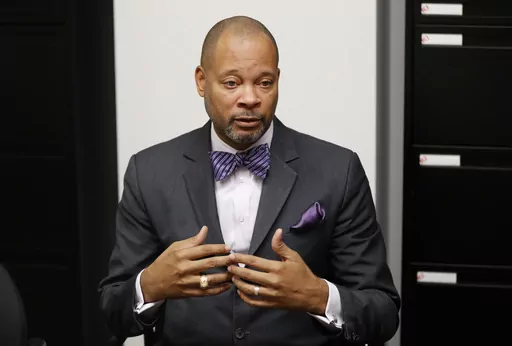 Nevada Attorney General Aaron Ford gestures during an interview in Las Vegas, on Dec. 14, 2018. Attorney General Ford announced Wednesday, July 5, 2023 the state has reached a $285 million settlement with Walgreens regarding the pharmacy chain’s role in the opioid epidemic. (AP Photo/John Locher, File)