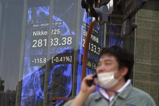 A person wearing a protective mask walks in front of an electronic stock board showing Japan's Nikkei 225 index at a securities firm Tuesday, Aug. 9, 2022, in Tokyo. Asian shares mostly declined Tuesday amid a global fall in technology shares, including Japan's SoftBank, which has reported hefty losses caused by the market downturn. (AP Photo/Eugene Hoshiko)