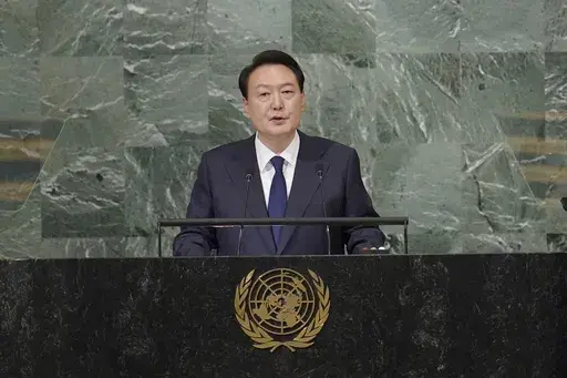 South Korean President Yoon Suk Yeol addresses the 77th session of the United Nations General Assembly on Sept. 20, 2022 at U.N. headquarters. South Korea’s President Yoon said the international community “will unite more tightly” to cope with deepening military cooperation between Russia and North Korea, as he pushes to raise the issue with world leaders at the U.N. General Assembly this week.(AP Photo/Mary Altaffer, File)