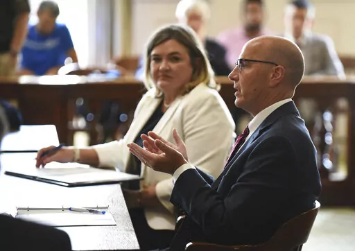 Attorney Stephen Lancaster, representing the Responsible Growth Arkansas committee, answers questions about the proposed ballot measure that would legalize recreational marijuana during the Board of Election Commissioners meeting Wednesday, Aug. 3, 2022 at the State Capitol in Little Rock, Ark. (Staci Vandagriff/The Arkansas Democrat-Gazette via AP)