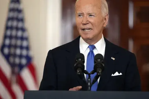 President Joe Biden speaks in the Cross Hall of the White House Monday, July 1, 2024, in Washington. (AP Photo/Jacquelyn Martin)