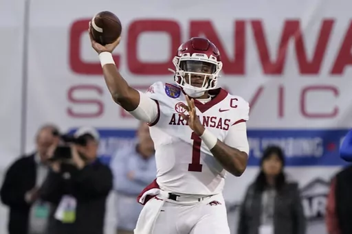 Arkansas quarterback KJ Jefferson throw a pass against Kansas during the first half of the Liberty Bowl NCAA college football game Wednesday, Dec. 28, 2022, in Memphis, Tenn. Arkansas opens their season at home against Western Carolina on Sept. 2. (AP Photo/Rogelio V. Solis, File)