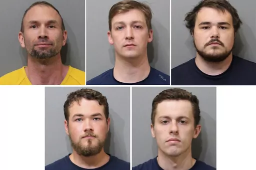 This combination of images provided by the Kootenai County Sheriff's Office shows, from top row from left James Michael Johnson, Forrest Rankin, Robert Whitted. Bottom row from left, Devin Center, Derek Smith. A northern Idaho jury on Thursday, July 20, 2023, found these five members of the white nationalist hate group Patriot Front guilty of misdemeanor charges of conspiracy to riot at a Pride event. (Kootenai County Sheriff's Office, via AP, File)