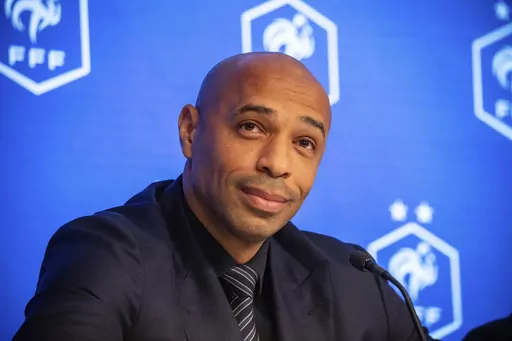 Thierry Henry attends a press conference in Paris, Aug. 29, 2023. Former World Cup winner Thierry Henry has opened up about the fact he “must have been in depression” during his soccer career. The 46-year-old former France and Arsenal forward says he had a spell early in the coronavirus pandemic when he was “crying almost every day”. Henry has linked that to his past and a search for approval, having grown up with a father who was critical of his performances on the field. (AP Photo/Soph