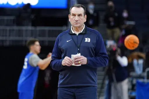 Duke head coach Mike Krzyzewski watches his team during practice for the NCAA men's college basketball tournament Wednesday, March 23, 2022, in San Francisco. Duke faces Texas Tech in a Sweet 16 game on Thursday. (AP Photo/Marcio Jose Sanchez)