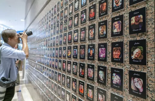 FILE—A photojournalist takes pictures of the exhibits on "The Faces of Fentanyl" at DEA headquarters before a press event at DEA headquarters, Arlington, Va., in this file photo from Sept. 27, 2022. Heading into key elections, there have been assertions that the drug might be handed out like Halloween candy, something the U.S. Drug Enforcement Agency's head has said isn't true. And some candidates for elected office frame the crisis as mostly a border-control issue, though experts say the key 