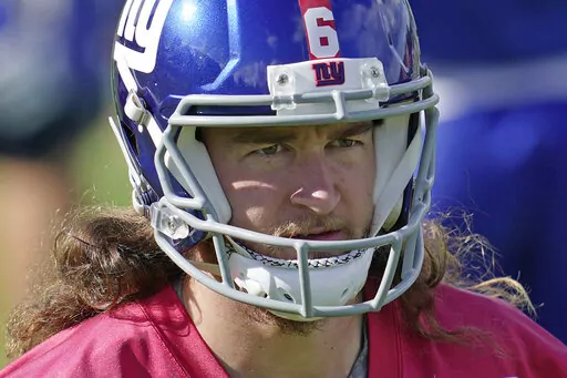 New York Giants punter Jamie Gillan (6) attends a practice session at Hanbury Manor in Ware, England, Friday, Oct. 7, 2022 ahead the NFL game against Green Bay Packers at the Tottenham Hotspur stadium on Sunday. (AP Photo/Kin Cheung)