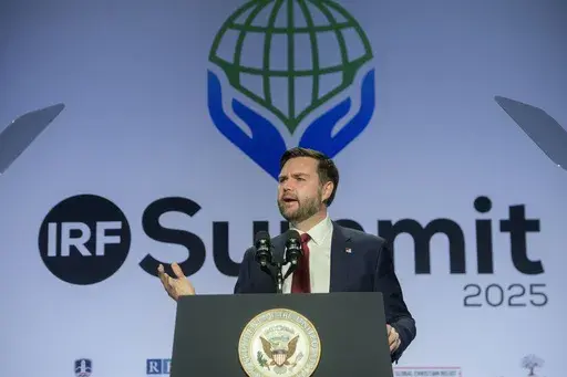 Vice President JD Vance speaks at the International Religious Freedom Summit at the Washington Hilton, Wednesday, Feb. 5, 2025, in Washington. (AP Photo/Rod Lamkey, Jr.)