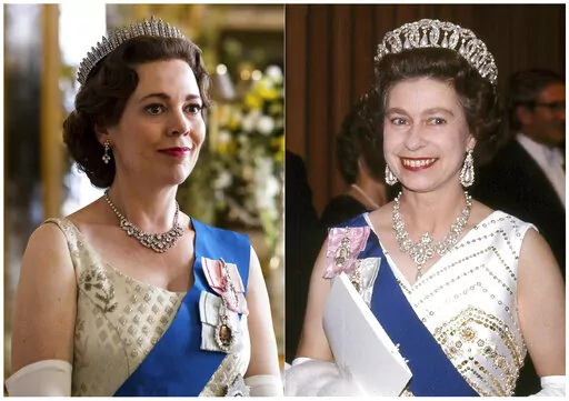 This combination of photos shows Olivia Colman portraying Queen Elizabeth II in a scene from the third season of "The Crown," left, and Queen Elizabeth II at the Sydney Opera House in Sydney, Australia on Oct. 20, 1973.  (Netflix, left, and AP Photo)