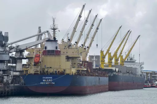 The Eaubonne bulk carrier ship docks in the port of Mombasa, Kenya Saturday, Nov. 26, 2022. An unprecedented wartime deal that allows grain to flow from Ukraine to countries in Africa, the Middle East and Asia where hunger is a growing threat and high food prices are pushing more people into poverty has been extended, officials said Saturday, March 18, 2023. (AP Photo/Gideon Maundu, File)