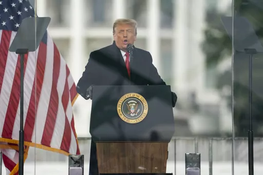 President Donald Trump speaks during a rally protesting the electoral college certification of Joe Biden as President in Washington, Jan. 6, 2021. Liberal groups are trying to end Donald Trump's attempt to return to the White House by arguing that he is no longer eligible to be president after trying to overturn the 2020 election results. (AP Photo/Evan Vucci, File)