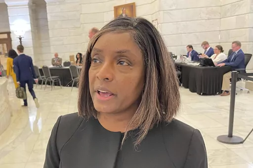 Risie Howard speaks to reporters at the Arkansas Capitol, Tuesday, Nov. 14, 2023, in Little Rock, Ark., on Tuesday, Nov. 14, 2023, to mark the end of the filing period for next year's election. More than 350 candidates filed to run for state and federal office during the filing period. (AP Photo/Andrew Demillo)