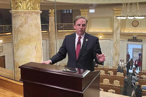 Arkansas House Speaker Matthew Shepherd speaks to reporters at the state Capitol in Little Rock, Ark., Friday, April 7, 2023, after lawmakers wrap up this year's legislative session. The Legislature gave final approval to the state's $6.2 billion budget and to an overhaul of Arkansas' sentencing laws. (AP Photo/Andrew DeMillo)
