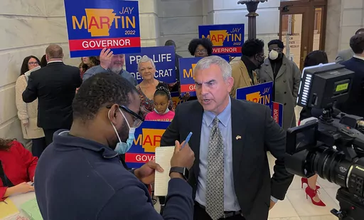 Jay Martin talks to reporters at the Arkansas state Capitol, Feb. 22, 2022, in Little Rock, Ark. On Wednesday, Oct. 4, 2023, Martin, a former Arkansas legislator who unsuccessfully sought the Democratic gubernatorial nomination last year, announced that he is running for chief justice of the state Supreme Court. (AP Photo/Andrew DeMillo, File)