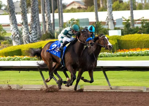 In this photo provided by Benoit Photo, Michael Lund Petersen's Faiza and jockey Flavien Prat, outside, hold off Pride of the Nile and jockey Juan Hernandez to win the Grade I $300,000 Starlet Stakes horse race, Saturday, Dec. 10, 2022, at Los Alamitos Race Course, in Cypress, Calif. (Benoit Photo via AP)