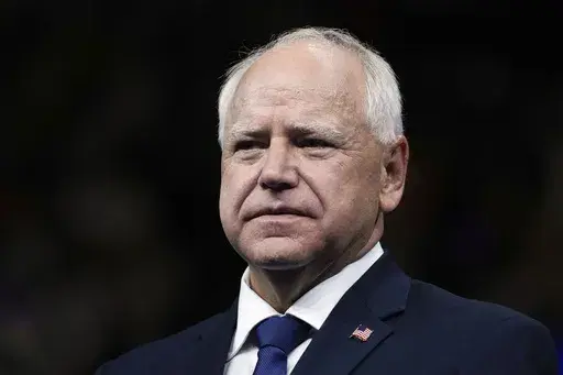 Minnesota Gov. Tim Walz, the running mate of Democratic presidential nominee Vice President Kamala Harris, is pictured at a campaign rally in Philadelphia, Aug. 6, 2024. (AP Photo/Matt Rourke)