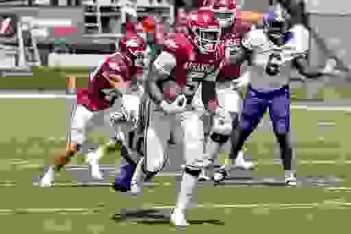 Arkansas running back Raheim Sanders (5) runs for a gain against Western Carolina during the second half of an NCAA college football game Saturday, Sept. 2, 2023, in Little Rock, Ark. (AP Photo/Michael Woods)