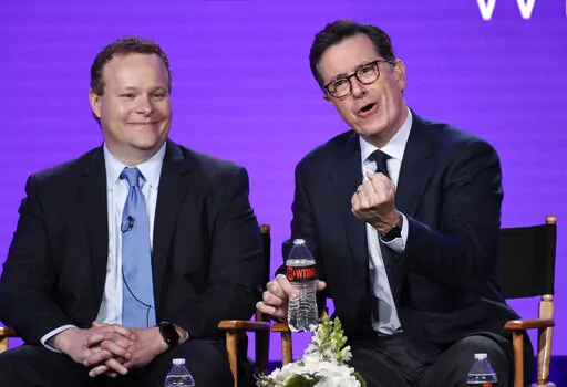 Stephen Colbert, right, executive producer of the Showtime animated series "Our Cartoon President," takes part in a panel discussion on the show with fellow executive producer Chris Licht at the Television Critics Association Winter Press Tour on Jan. 6, 2018, in Pasadena, Calif. Licht, who currently runs Stephen Colbert's late-night show at CBS but has a news background, is expected to be named the new president of CNN. An executive familiar with the discussions who spoke on condition of anonym