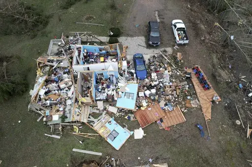 Destruction from a severe storm is seen Saturday, March 15, 2025, in Wayne County, Mo. (AP Photo/Jeff Roberson)