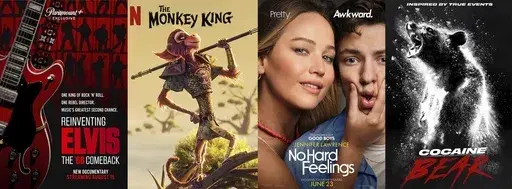 This combination of images shows promotional art for "Reinventing Elvis: The '68 Comeback" available Aug. 15 on Paramount+, "The Monkey King" available Aug. 18 on Netflix, "No Hard Feelings" available Aug. 15 on Video on Demand, and "Cocaine Bear" available Aug. 15 on Prime Video. (Paramount+/Netflix/Sony Pictures/Universal Pictures/Prime Video)