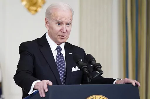 President Joe Biden speaks about Russian President Vladimir Putin and Russia's invasion of Ukraine after unveiling his proposed budget for fiscal year 2023 in the State Dining Room of the White House, Monday, March 28, 2022, in Washington. (AP Photo/Patrick Semansky)