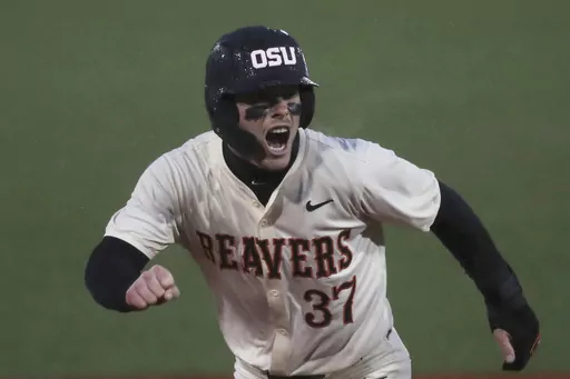 Oregon State infielder Travis Bazzana (37) plays during an NCAA college baseball game against North Dakota State Friday, March 1, 2024, in Corvallis, Ore. Bazzana has been the ultimate leadoff man lately. The Oregon State star will enter this week's road series against Southern California having opened the last four games with home runs. (AP Photo/Amanda Loman, File)
