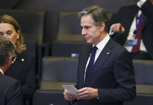 Secretary of State Antony Blinken attends a North Atlantic Council meeting during a NATO summit to discuss Russia's invasion of Ukraine, at the alliance's headquarters, Thursday, March 24, 2022 in Brussels.   (Evelyn Hockstein, Pool via AP)