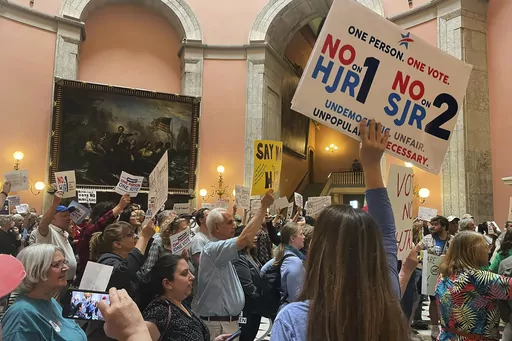 Supporters and opponents of a GOP-backed measure that would make it harder to amend the Ohio constitution packed the statehouse rotunda Wednesday, May 10, 2023, in Columbus, Ohio ahead of the Ohio House's vote. Ohio has joined a growing number of Republican-led states moving to restrict citizens’ ability to bypass lawmakers through ballot initiatives. A resolution passed last week will ask Ohio voters in August to boost the threshold for passing constitutional amendments to 60% instead of a si