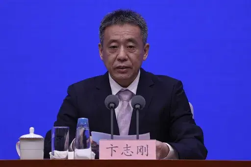 Bian Zhigang, Deputy Director of the China National Space Administration speaks during a press conference at the State Council Information Office in Beijing, Thursday, June 27, 2024. China's space officials said Thursday they welcomed scientists from across the world to apply to study the lunar rock samples the Chang'e 6 probe brought back to earth in a historic mission, but noted there were limits to that cooperation, specifically with the U.S. (AP Photo/Andy Wong)