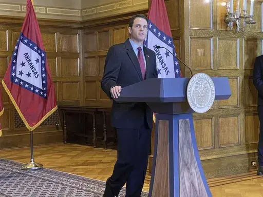 Arkansas Solicitor General Nicholas Bronni speaks at a news conference at the state Capitol in Little Rock, Arkansas on Friday, December 20, 2024. Gov. Sarah Huckabee Sanders appointed Bronni to a seat on the state Supreme Court. (AP Photo/Andrew DeMillo)