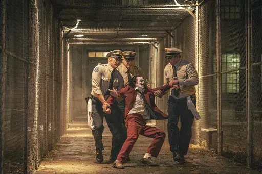 This image released by Warner Bros. Pictures shows Joaquin Phoenix, foreground center, and Brendan Gleeson, background center, in a scene from "Joker: Folie à Deux." (Niko Tavernise/Warner Bros. Pictures via AP)