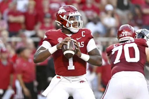 Arkansas quarterback KJ Jefferson (1) drops back to pass against Missouri State during the first half of an NCAA college football game Saturday, Sept. 17, 2022, in Fayetteville, Ark. (AP Photo/Michael Woods)