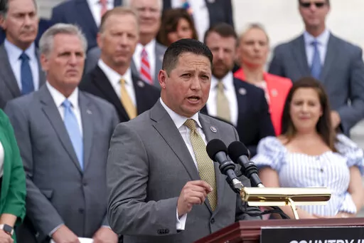 Rep. Tony Gonzales, R-Texas, center, accompanied by House Minority Leader Kevin McCarthy of Calif., left, and House Republican Conference chair Rep. Elise Stefanik, R-N.Y., right, speaks at a news conference on the steps of the Capitol in Washington, July 29, 2021. Gonzales was censured Saturday, March 4, 2023, in a rare move by his state party over votes that included supporting new gun safety laws after the Uvalde school shooting in his district. (AP Photo/Andrew Harnik, File)
