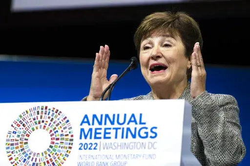 International Monetary Fund Managing Director Kristalina Georgieva speaks during the 2022 annual meeting of the International Monetary Fund and the World Bank Group, Oct. 14, 2022, in Washington. A provision in the recently signed defense budget mandates that the U.S. work to ease Ukraine’s debt burden at the IMF, which could create tensions at the world’s lender-of-last-resort over one of the fund’s biggest borrowers. (AP Photo/Manuel Balce Ceneta, File)