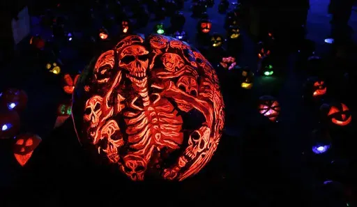 A pumpkin carved and painted with skeletons is displayed at the Rise of the Jack O'Lanterns Show, Thursday, Oct. 27, 2016, in Boston. (AP Photo/Elise Amendola, File)
