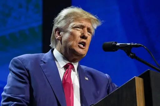 Former President Donald Trump speaks at the National Rifle Association Convention in Indianapolis, on April 14, 2023.(AP Photo/Michael Conroy, File)