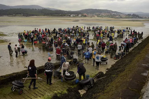 Clam diggers gather in the lower estuary of Lourizan, before starting their work day in Galicia, northern Spain, Thursday, April 20, 2023. They fan out in groups, mostly women, plodding in rain boots across the soggy wet sands of the inlet, making the most of the low tide. These are the clam diggers, or as they call themselves, "the peasant farmers of the sea." Clam collecting in the expansive inlets of Spain's northwestern region of Galicia is a deep-rooted tradition from time eternal and has b